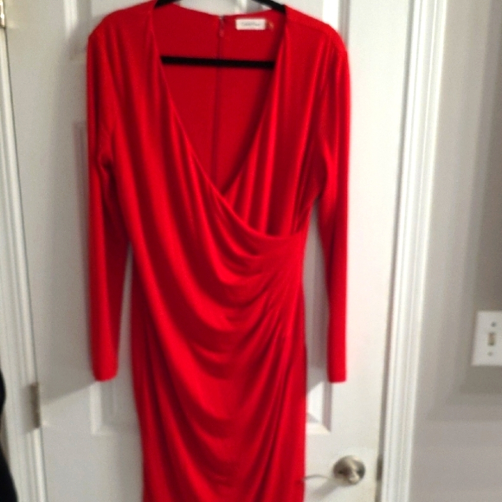 Calvin Klein Red Long Sleeve Wrap Dress